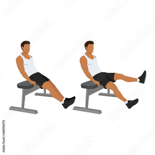 Man doing seated bench extended flutter kicks exercise. Flat vector illustration isolated on white background