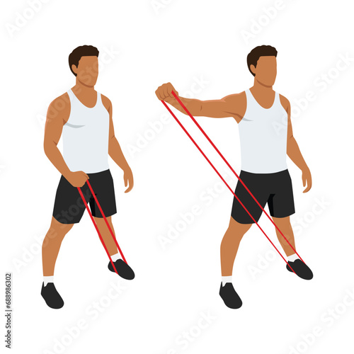 Man Doing Lateral Raise Home Workout Exercise with Thin Resistance Band Guidance. Flat vector illustration isolated on white background