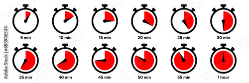 Timer and stopwatch icons. Time clock, Label cooking time. Vector. Chronometer stopping hour, minute, second symbols. Illustration of speed countdown and intervals, alarm set.