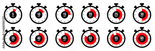 Timer and stopwatch icons. Time clock, Label cooking time. Vector. Chronometer stopping hour, minute, second symbols. Illustration of speed countdown and intervals, alarm set.