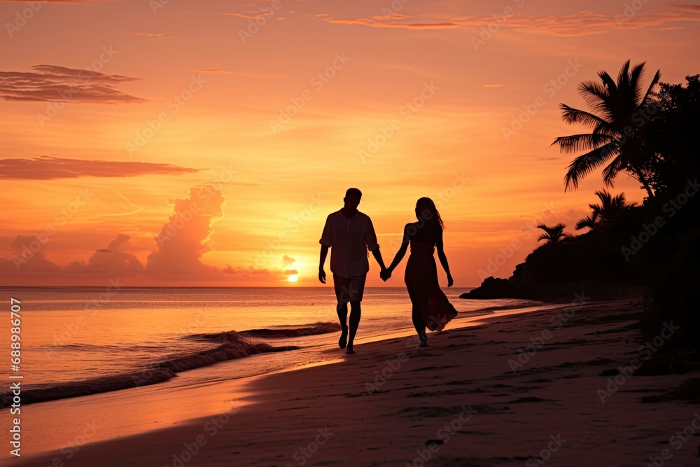 Silhouettes of a couple walking hand in hand along the beach at sunset, capturing the romantic and serene ambiance