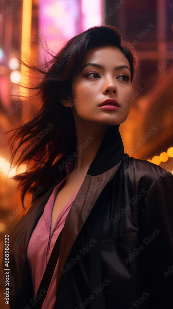 Young Asian woman in a city scene at dusk Young Asian woman in a city scene at dusk