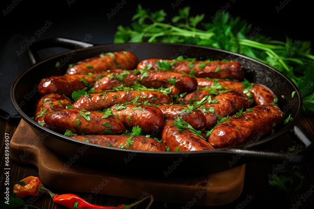 Pan fry sausages sprinkled with parsley