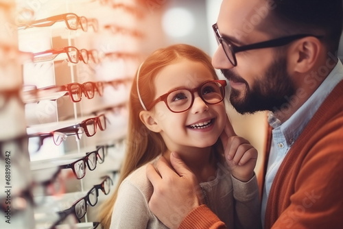 girl with father in optical store