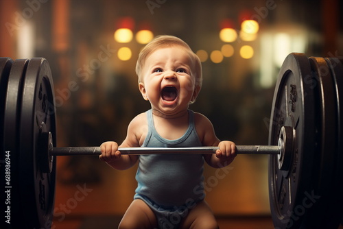 baby boy lift weights in gym