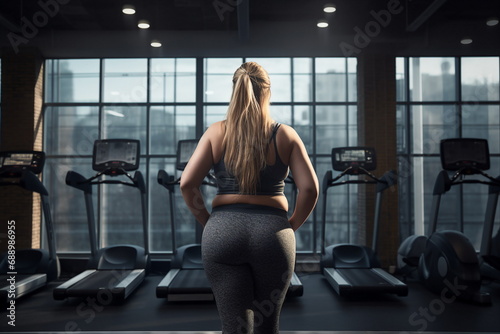 fat woman back view in gym