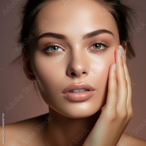 Woman with beautiful face touching healthy facial skin, ai technology