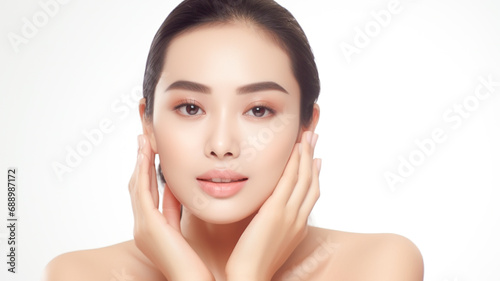 Beautiful young asian woman with clean fresh skin on white background. Face care. Facial treatment, сosmetology, beauty and spa.