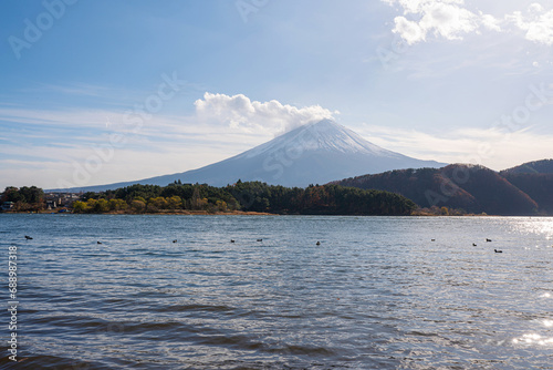 Colorful Autumn Season and Mountain Fuji with morning fog and red leaves at lake Kawaguchiko is one of the best places in awaguchiko Lake, Japan.