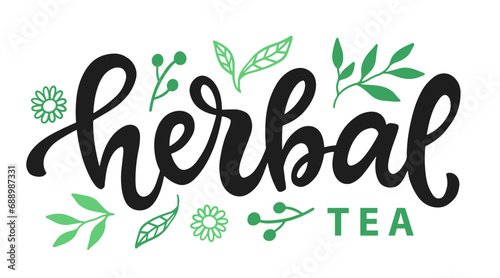 Herbal tea vector logo badge hand ink lettering