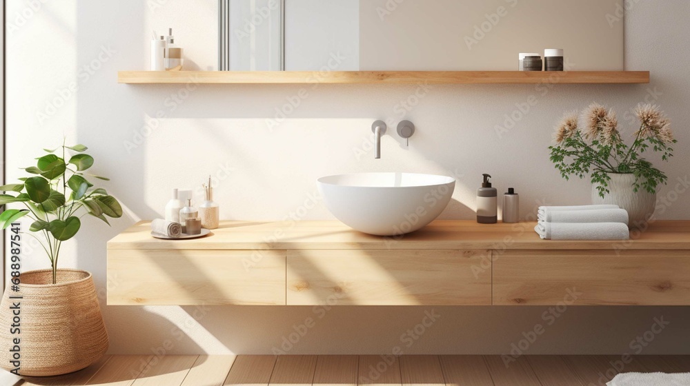 Wall-mounted vanity with white ceramic vessel sink. Interior design of modern scandinavian bathroom - obrazy, fototapety, plakaty 