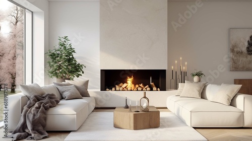  White corner sofa near fireplace. Scandinavian home interior design of modern living room