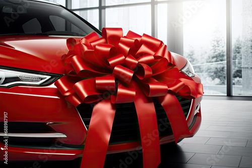 Modern car with big red satin red ribbon bow.