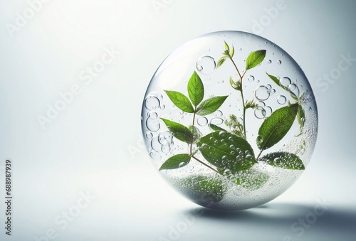 Herbal leaves in bubbles, beauty science herbal medicine white background generative ai illustration art