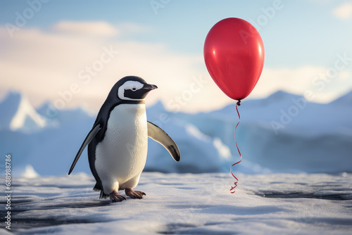 Adorable illustration featuring a cute penguin holding a heart balloon. Perfect for conveying joy and celebrating love in a whimsical and heartwarming style. photo