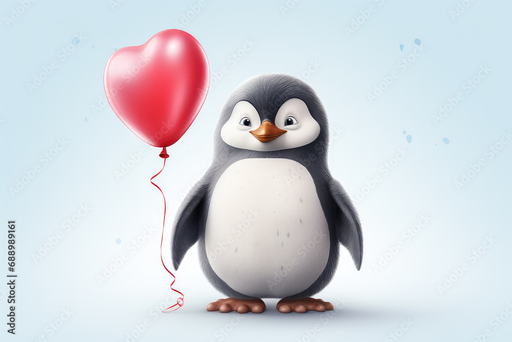 Obraz premium Adorable illustration featuring a cute penguin holding a heart balloon. Perfect for conveying joy and celebrating love in a whimsical and heartwarming style.