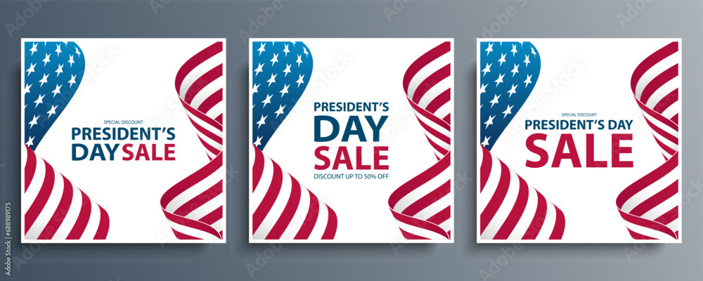 President's Day Sale. United States President Day commercial set with waving American flag. USA national holiday sales promotion. Vector illustration.