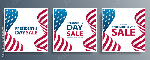 President's Day Sale. United States President Day commercial set with waving American flag. USA national holiday sales promotion. Vector illustration.