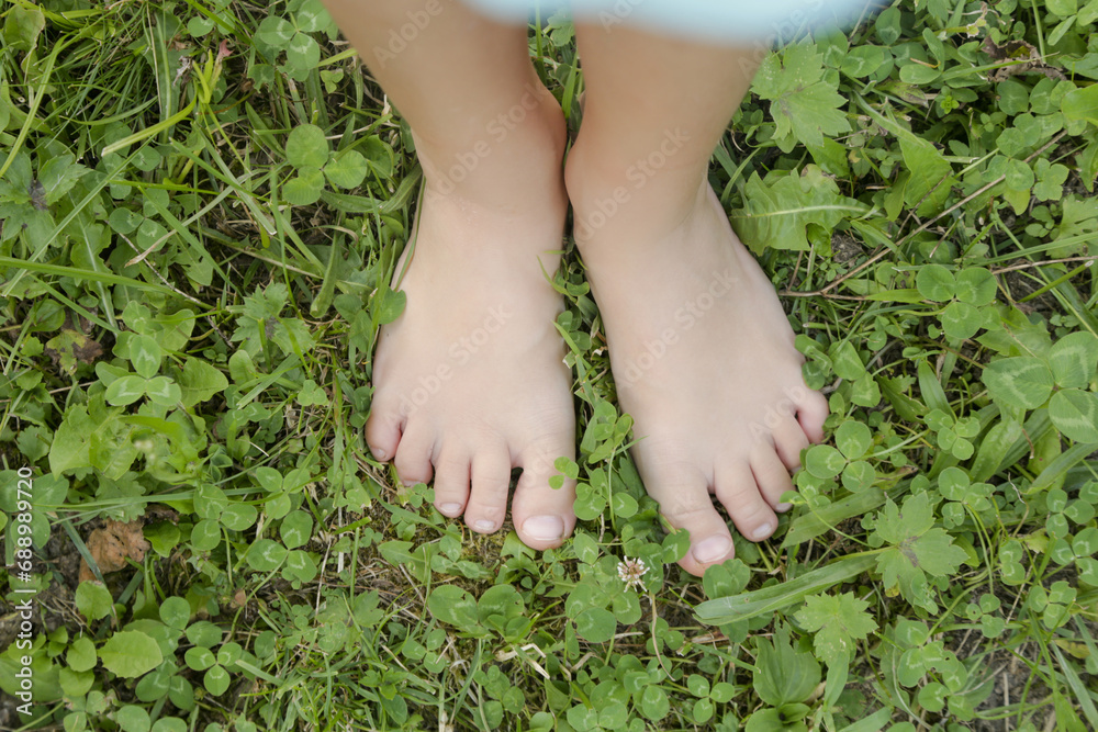 Child feet on green grass, barefoot little girl on meadow, countryside lifestyle, concept of grounding and connecting with nature	