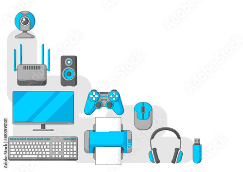 Background with computer equipment. Gaming technology and work devices.