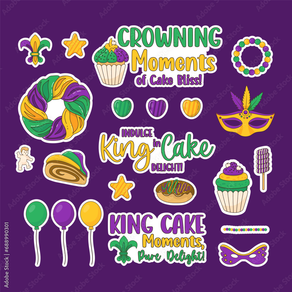Mardi Gras carnival stickers set. Festive King Cake, cupcake and donuts with colorful icing, baby Jesus toy, balloon, candy, masks, necklaces and holiday phrases. Isolated Vector illustrations - obrazy, fototapety, plakaty 