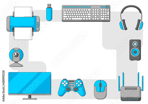 Frame with computer equipment. Gaming technology and work devices.