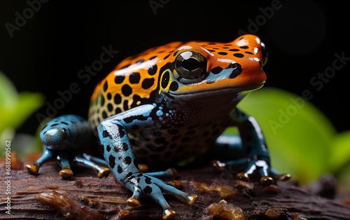Macro lens portrait of a vibrant cobalt blue and orange poison dart frog, ultra-high detailed, background subtropical lowland forest, dynamic composition and dramatic lighting. AI generative. photo