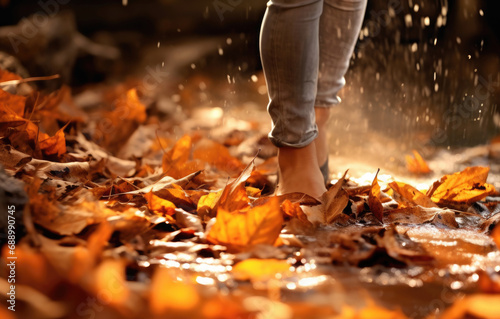 Feet walk along bright orange autumn leaves
