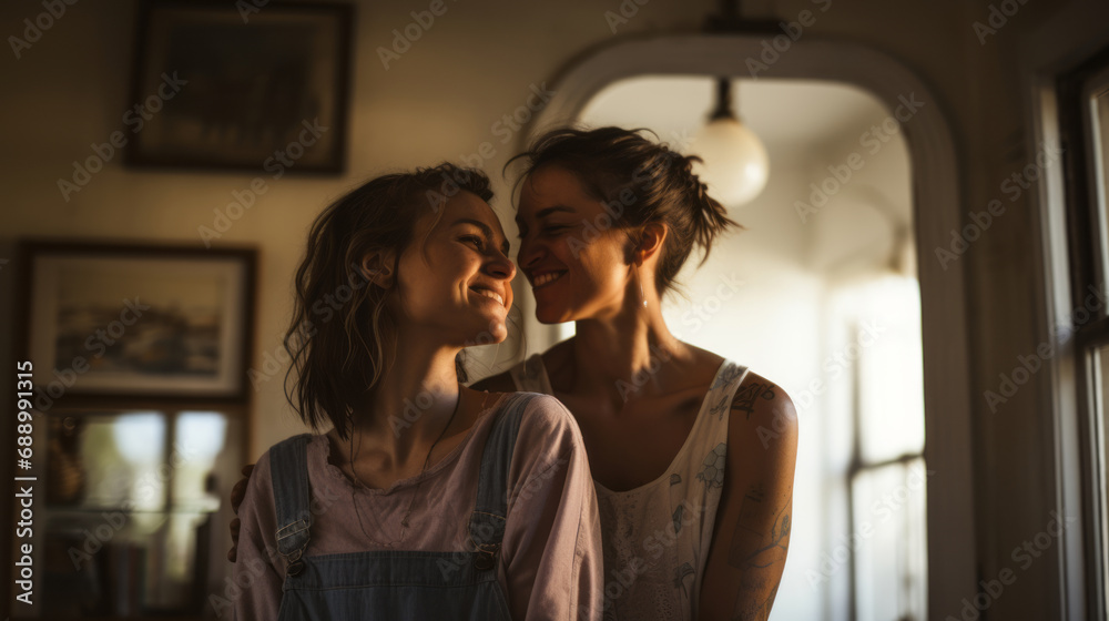 Lesbian couple at home together Lesbian couple at home together