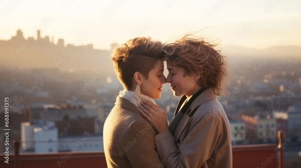 Lesbian couple embracing each other. Against the city view Lesbian couple embracing each other. Against the city view