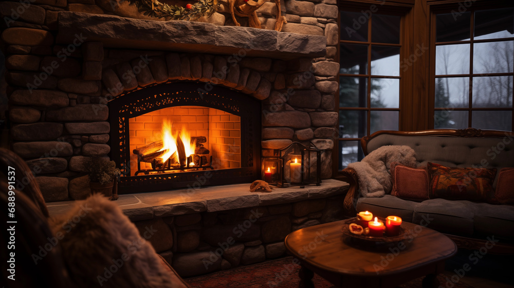 Inviting living space with fireplace and cozy atmosphere for ultimate comfort. Illustration for cover, interior design. AI generative. Inviting living space with fireplace and cozy atmosphere for ultimate comfort. Illustration for cover, interior design. AI generative.