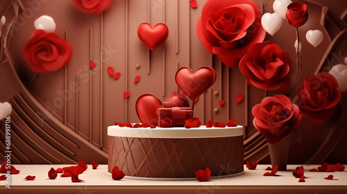 valantine day decoration with red flowers an baloons and cake