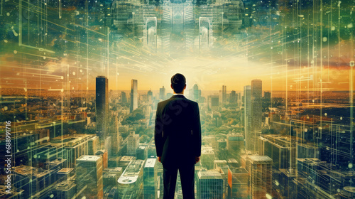 businessman on future network city background photo
