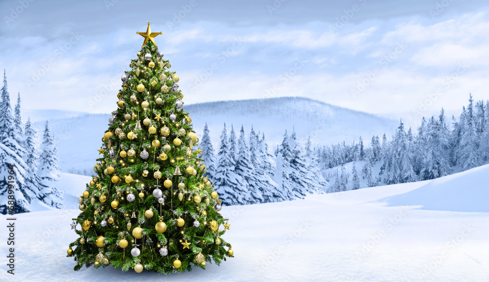 Christmas tree in beautiful snowy landscape