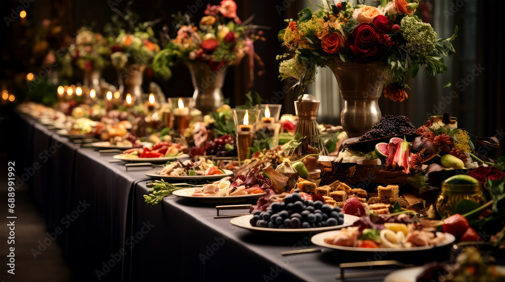 long table with food on background