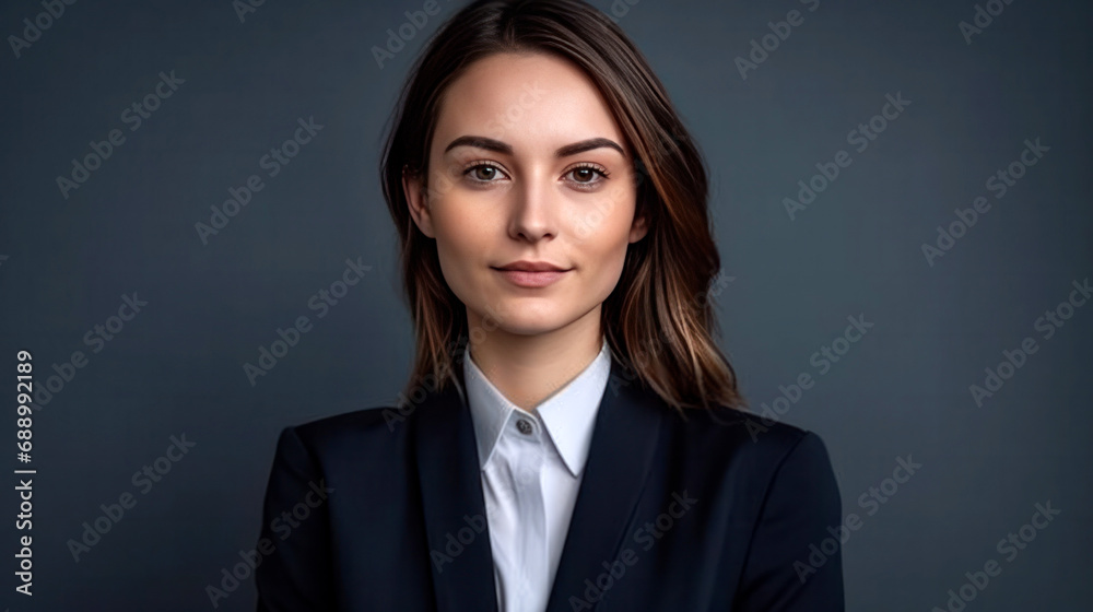 pretty young purposeful woman in a business suit against a dark wall pretty young purposeful woman in a business suit against a dark wall