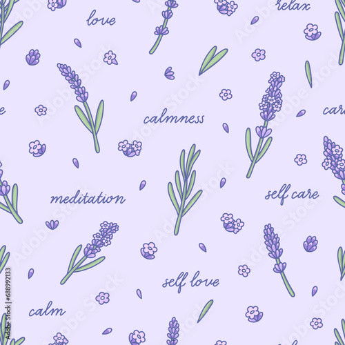 Seamless pattern with Lavender flowers. Botanical drawing in Provence style with herb lavanda. Design with text Floriography is the language of flowers lavender relax, self love, self care, love, calm