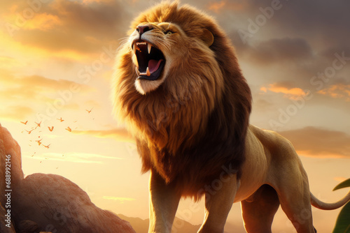 Lion roaring with sunset background outdoors photo
