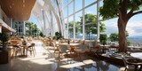 Empty large modern cafeteria with eco interior and large windows with city view.Wide angle.AI Generative.