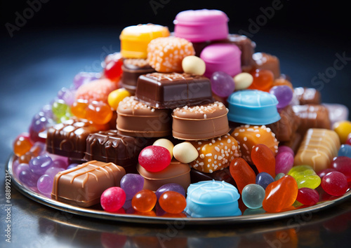 Various sweets and candies with chocolate and gummies on steel tray.Macro.AI Generative.