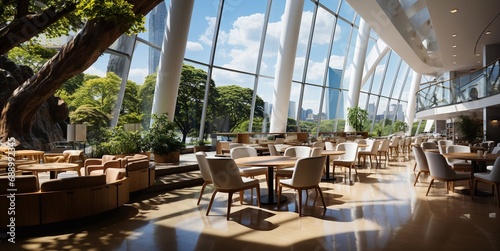 Modern empty cafeteria and food court in business center with large windows.Wide angle.AI Generative.