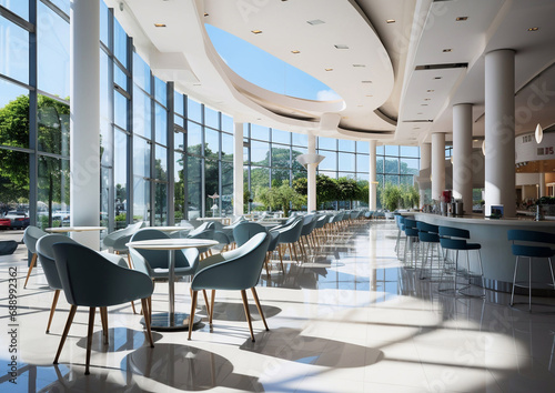Modern empty cafeteria and food court in business center with large windows.AI Generative. photo
