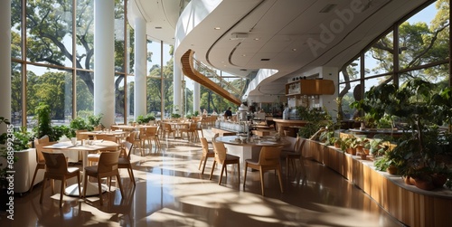 Modern empty cafeteria and food court in business center with large windows.Wide angle.AI Generative.