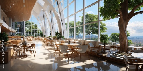 Empty large modern cafeteria with eco interior and large windows with city view.Wide angle.AI Generative. photo