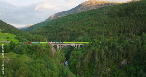 Beautiful scenery in background and train travelling over arched bridge photo