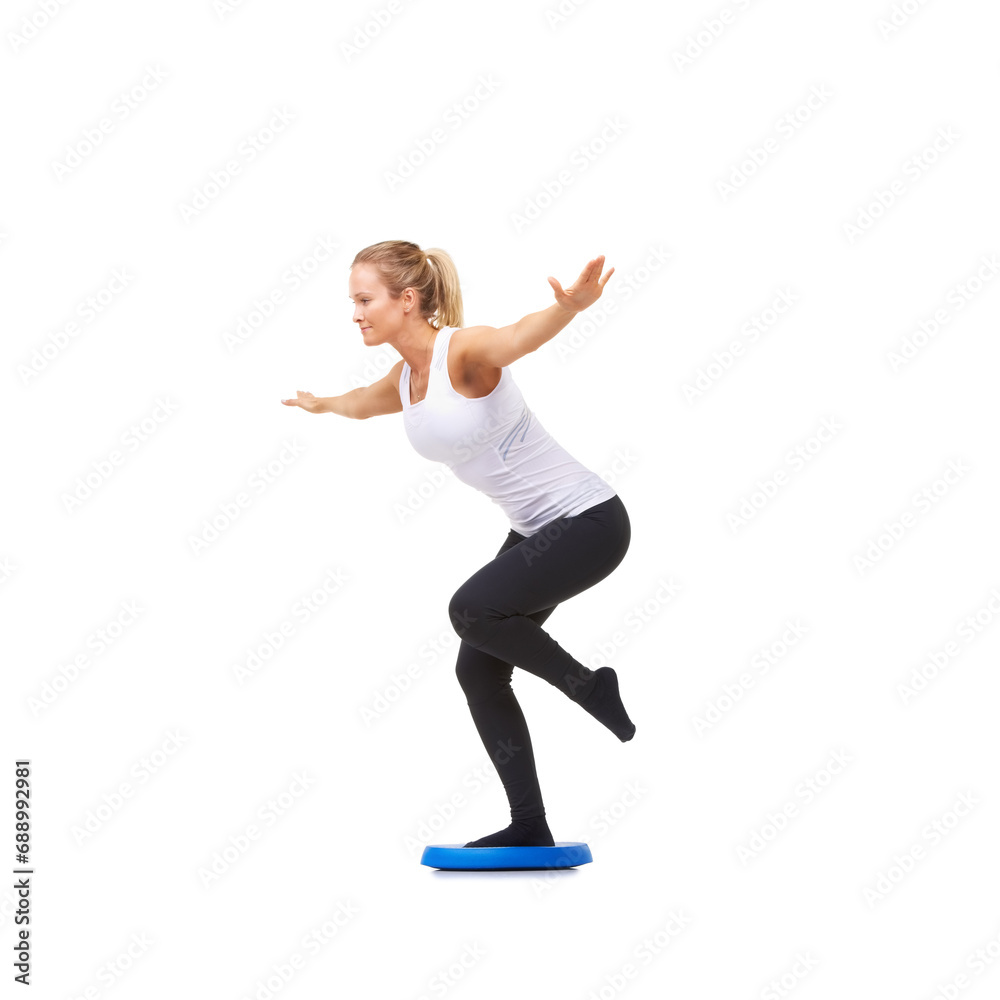 Balance, exercise and fitness with woman on disk in studio for workout, mindfulness or health. Wellness, challenge and training with person on white background for flexibility, smile or aerobics