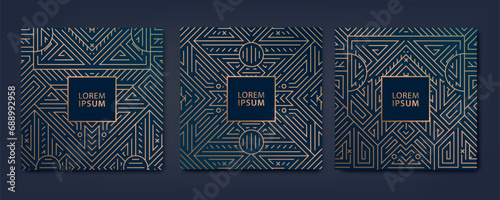 Vector set of art deco geometric patterns, golden luxury elegant backgrounds, fancy frames, retro cards. Use for perfume, wine, jewelry cover package design