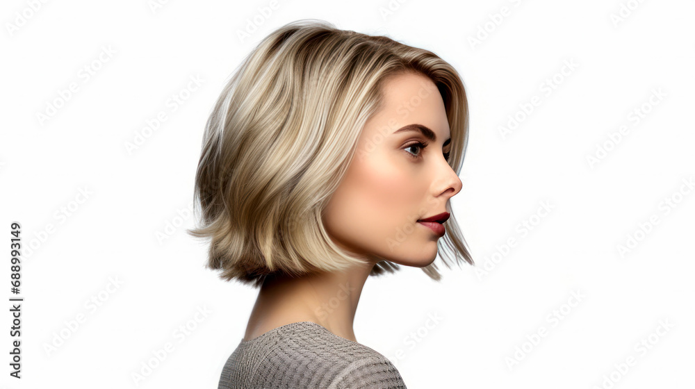 pretty blonde girl with a beautiful haircut on a white background pretty blonde girl with a beautiful haircut on a white background