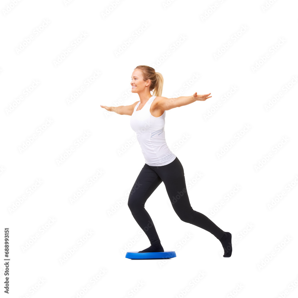 Balance, happy and fitness with woman on disk in studio for workout, mindfulness or exercise. Wellness, challenge and training with person on white background for flexibility, smile or aerobics Balance, happy and fitness with woman on disk in studio for workout, mindfulness or exercise. Wellness, challenge and training with person on white background for flexibility, smile or aerobics