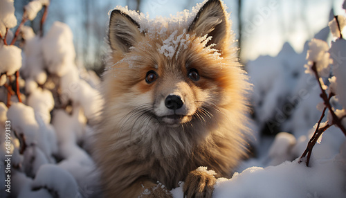 Red fox Vulpes vulpes looking in camera. feeding in deep snow with snowfall, in snowlandscape forest. Wildlife in the winter photo